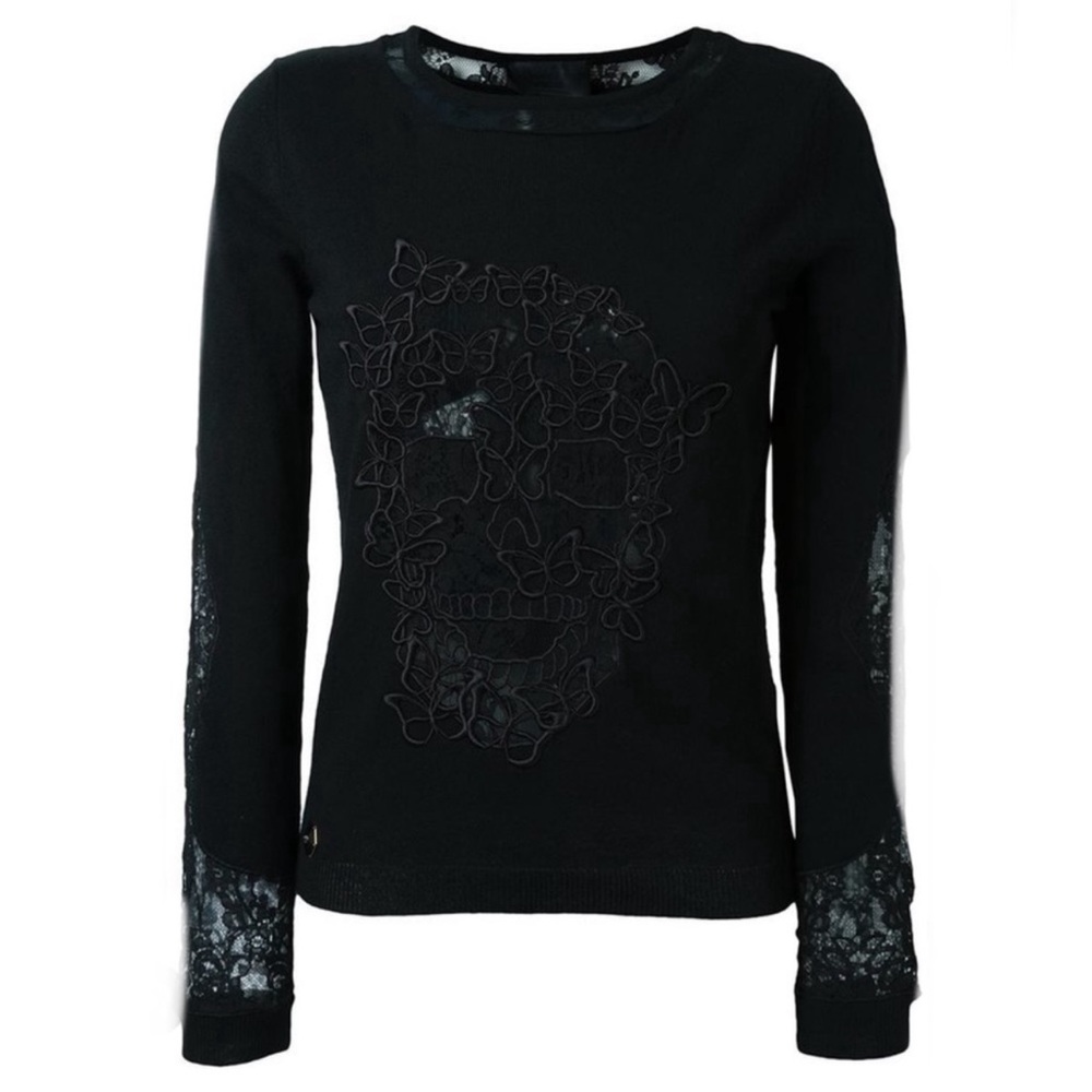 PHILIPP PLEIN Butterfly Skull Lace-Accented Embroidered Jumper Sweater Size L